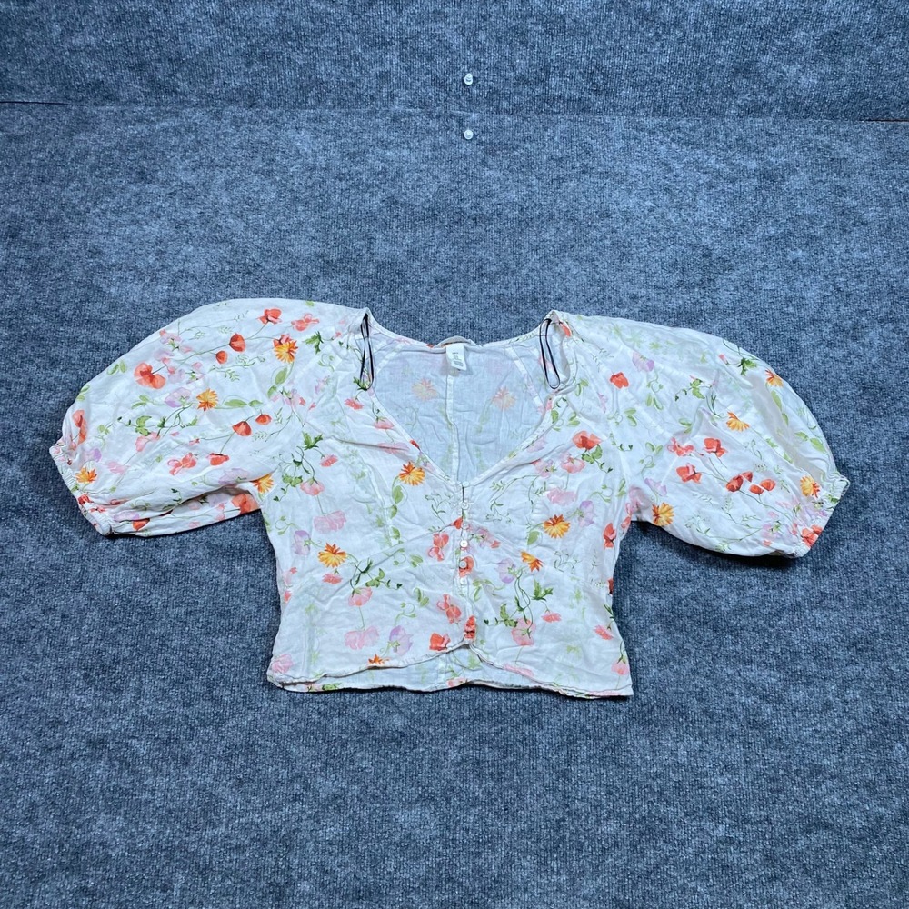 HM Womens Linen‎ Blend Floral Puff Sleeve Button Front Crop Top White Orange M